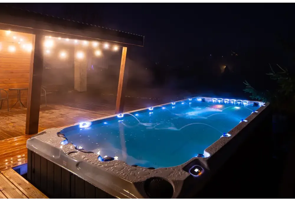 PassionSpa Activity 2-swimspa – blå belysning, grå struktureret overflade, kantbelysning