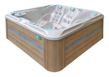 PassionSpa Admire-spabad – hvid overflade med trælook, turkis LED-belysning