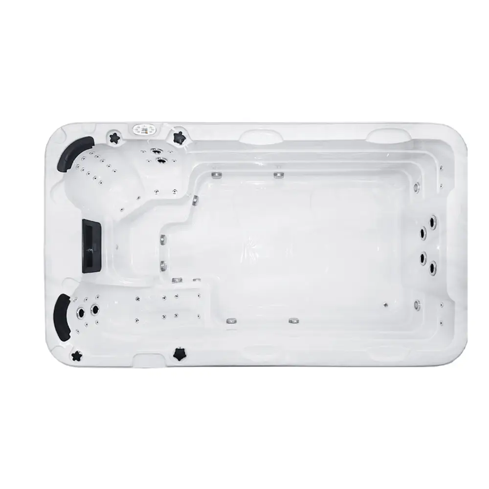 PassionSpa Aquatic 1 Eco-swimspa – hvid overflade, rektangulær form, sorte detaljer, sølvfarvede massagedyser