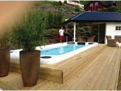 PassionSpa Aquatic 2-swimspa – blåt vand, sorte massagedyser, træterrasse