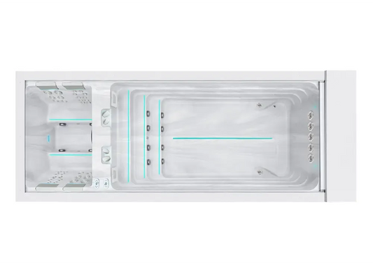 PassionSpa Balance-swimspa – moderne design, hvid overflade, indbyggede siddepladser, turkis belysning