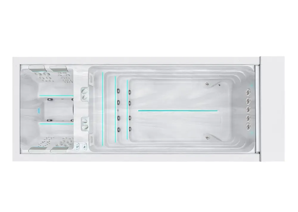 PassionSpa Balance-swimspa – moderne design, hvid overflade, indbyggede siddepladser, turkis belysning