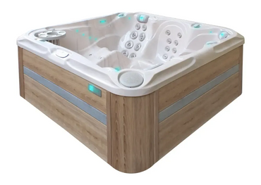 PassionSpa Delight-spabad – hvid overflade med trælook, massagedyser, LED-belysning