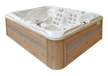 PassionSpa Desire-spabad – hvid overflade med trælook, LED-belysning, massagedyser