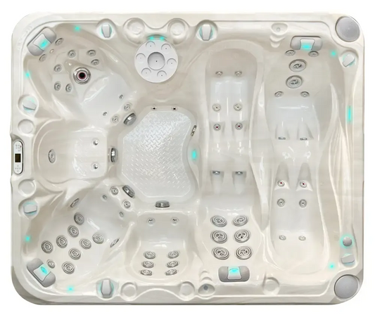 PassionSpa Desire-spabad – cremefarvet inderside, siddepladser, massagedyser, blå LED-belysning