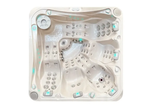 PassionSpa Devotion-spabad – Signature Collection, cremegul farve, massagedyser, turkis belysning
