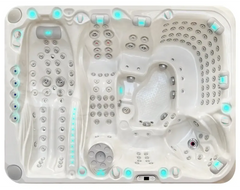PassionSpa Ecstatic Mighty Wave-spabad – hvid overflade, hvid inderside, turkis LED-belysning, sølvfarvede massagedyser