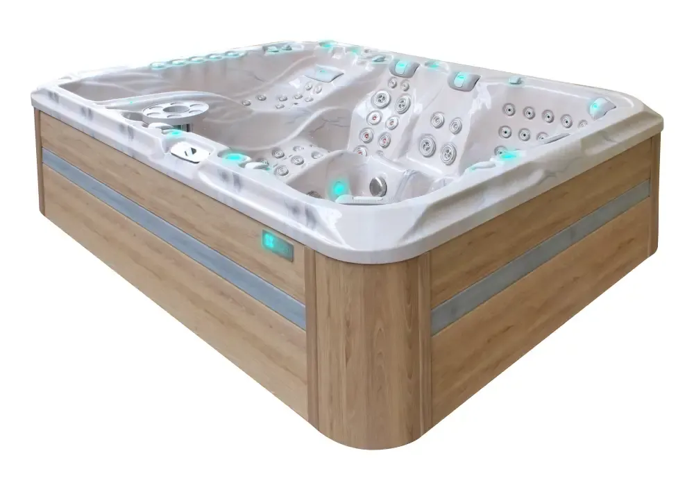 PassionSpa Ecstatic Mighty Wave-spabad – moderne design, hvid inderside, lys træbeklædning, turkis belysning