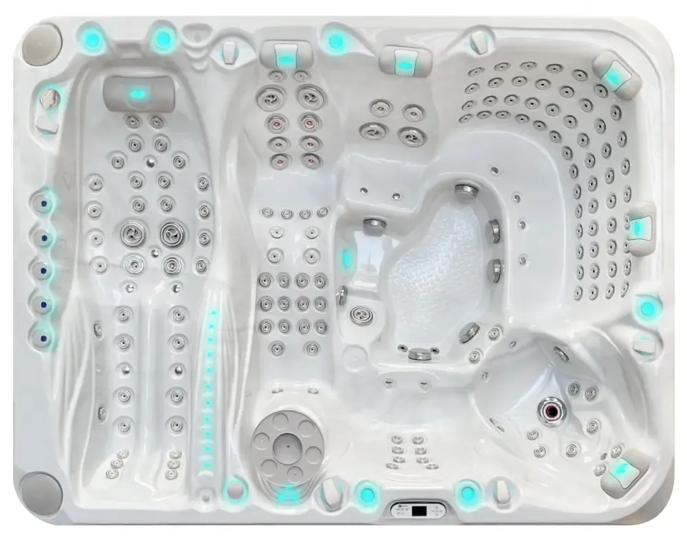 PassionSpa Ecstatic Mighty Wave-spabad – hvid overflade, sølvfarvede massagedyser, blå LED-belysning