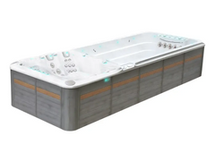PassionSpa Energy Deep-swimspa – moderne design, hvid inderside, grå træpaneler, LED-belysning