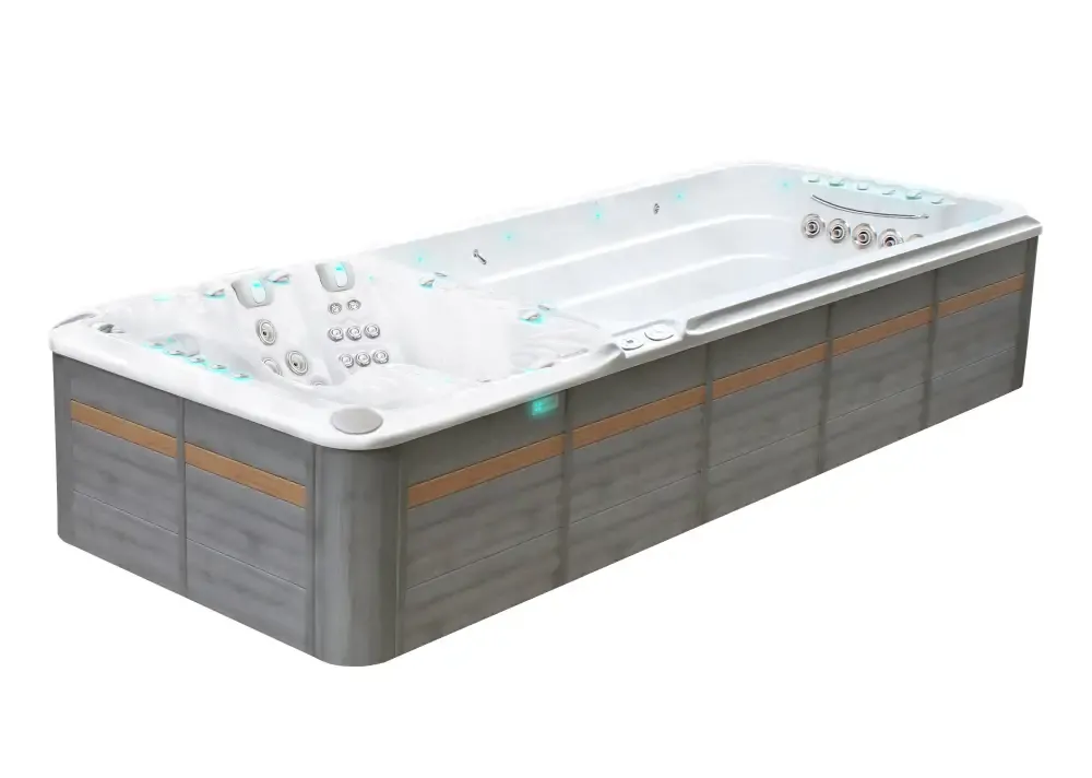PassionSpa Energy Deep-swimspa – moderne design, hvid inderside, grå træpaneler, LED-belysning