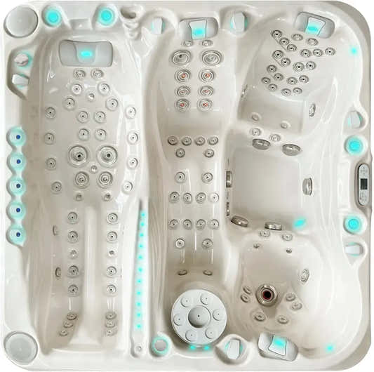 PassionSpa Euphoria Mighty Wave-spabad – hvid overflade, hvid inderside, sølvfarvede massagedyser, blå LED-belysning
