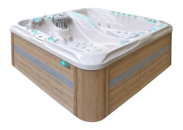 PassionSpa Euphoria Mighty Wave-spabad – hvid akryl, lys træbeklædning, turkis LED-belysning