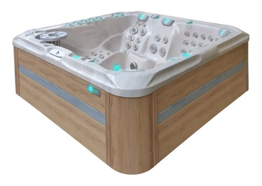 PassionSpa Exhilarate Mighty Wave-spabad – beige træbeklædning, LED-belysning