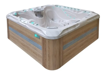 PassionSpa Felicity-spabad – moderne design, hvid overflade, træpanel, sølvfarvede detaljer