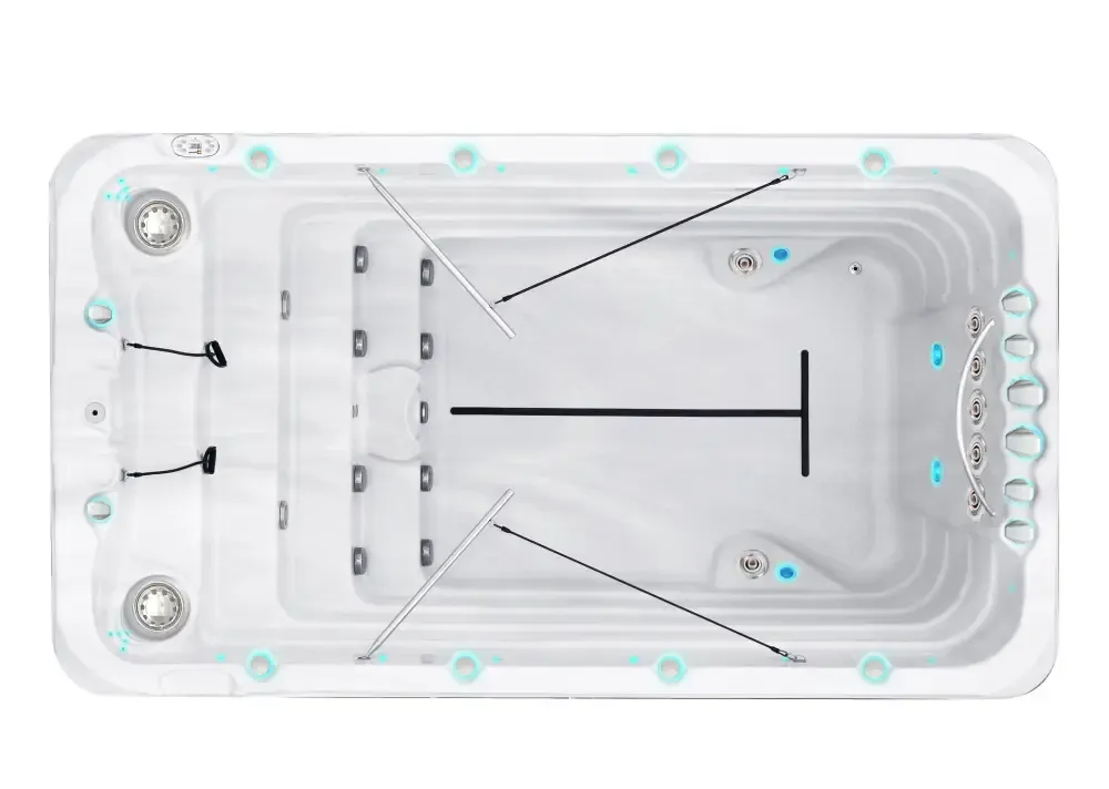 PassionSpa Fitness 1 Deep-swimspa – hvid overflade, rektangulær form, blå LED-belysning, sorte indvendige detaljer