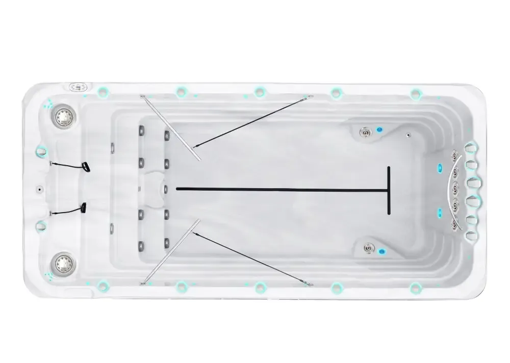 PassionSpa Fitness 2-swimspa – Sport Collection, hvid overflade, rektangulær form, massagedyser, T-formet skillevæg