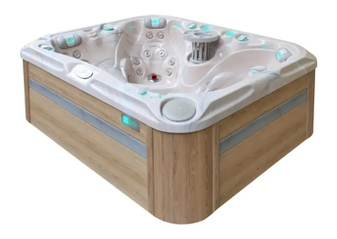 PassionSpa Happy-spabad – Signature Collection, beige overflade, hvid overflade, træpanel, blågrøn LED-belysning