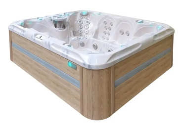 PassionSpa Harmony-spabad – hvid overflade, lys træbeklædning, LED-belysning