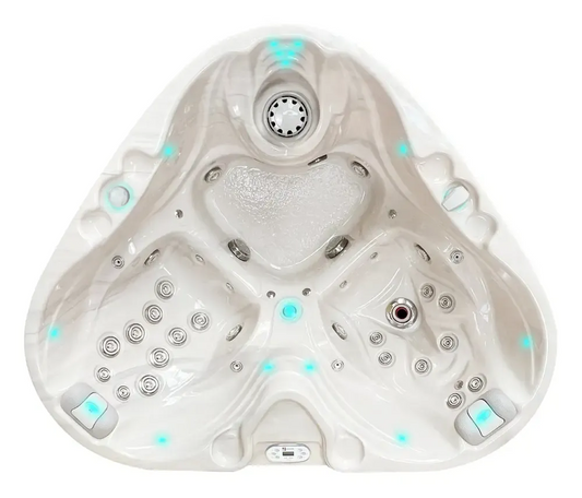 PassionSpa Heart-spabad – hvid overflade, trekantet form, turkis LED-belysning, massagedyser