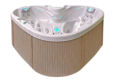 PassionSpa Heart-spabad – hvid inderside, lys træbeklædning, blå LED-belysning, massagedyser