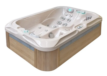 PassionSpa Indulgence-spabad – beige overflade, træpanel, massagedyser