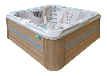 PassionSpa Joy-spabad – hvid overflade med trælook, turkis LED-belysning