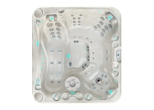 PassionSpa Pleasure-spabad – hvid overflade, turkis LED-belysning, massagedyser