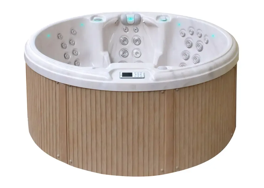 PassionSpa Recharge-spabad – hvid overflade, bambusbeklædning, blå LED-belysning, massagedyser