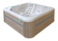 PassionSpa Reflect-spabad – moderne design, hvid inderside, lys træbeklædning, grå striber