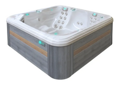 PassionSpa Reflect-spabad – moderne design, grå træpaneler, hvide massagedyser, blågrøn belysning