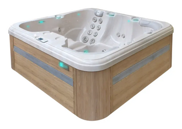 PassionSpa Refresh-spabad – Pure Collection, beige overflade, trælook, LED-belysning