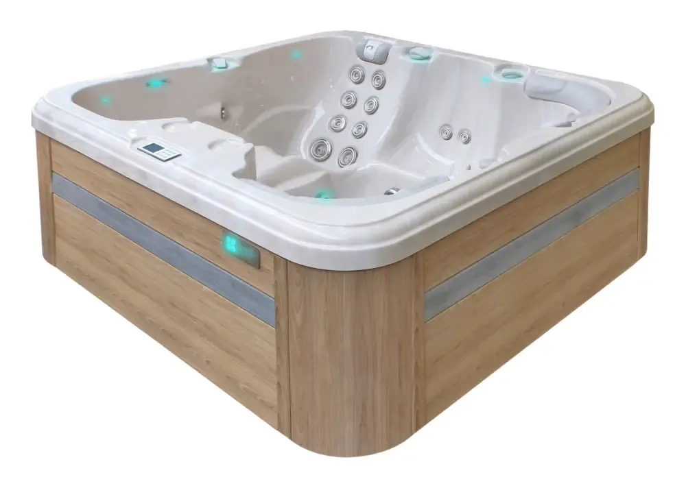 PassionSpa Refresh-spabad – Pure Collection, beige overflade, trælook, LED-belysning