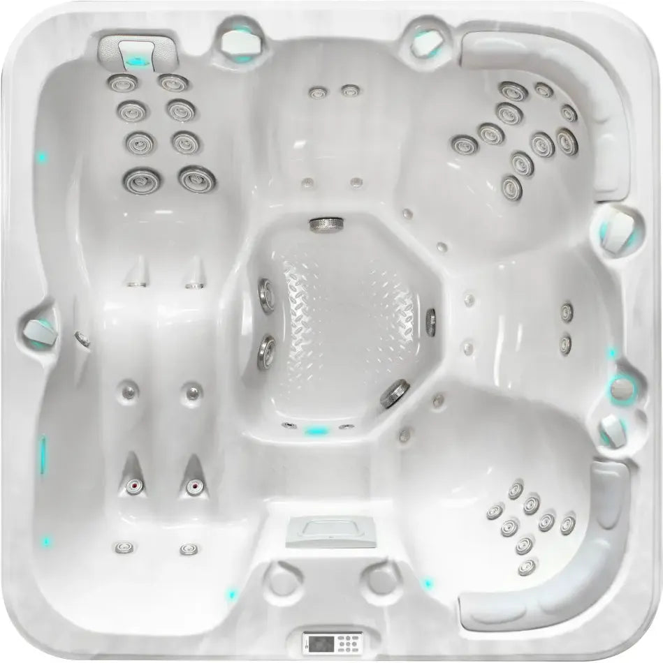 PassionSpa Refresh-spabad – Pure Collection, hvid overflade, hvid inderside, siddepladser, massagedyser, blå LED-belysning