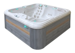 PassionSpa Refresh-spabad – moderne design, grå træpaneler, hvid inderside, blå belysning