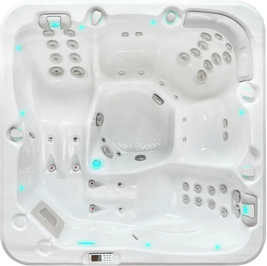 PassionSpa Relax-spabad – Pure Collection, hvid overflade, hvide siddepladser, massagedyser, blå LED-belysning