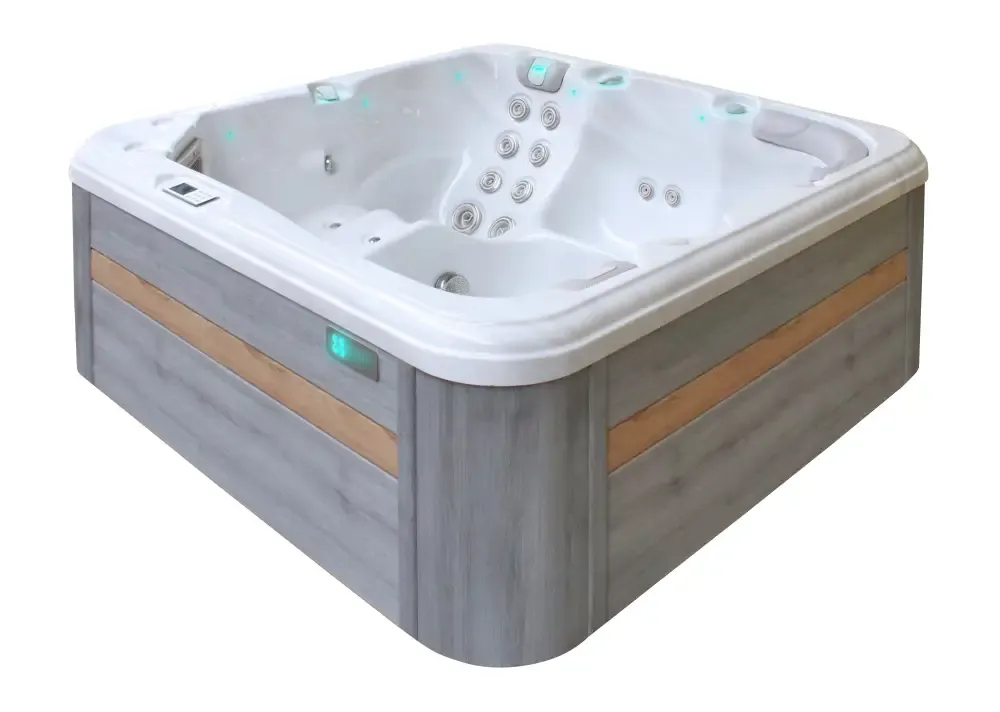 PassionSpa Relax-spabad – grå træpaneler, hvide massagedyser, turkis belysning