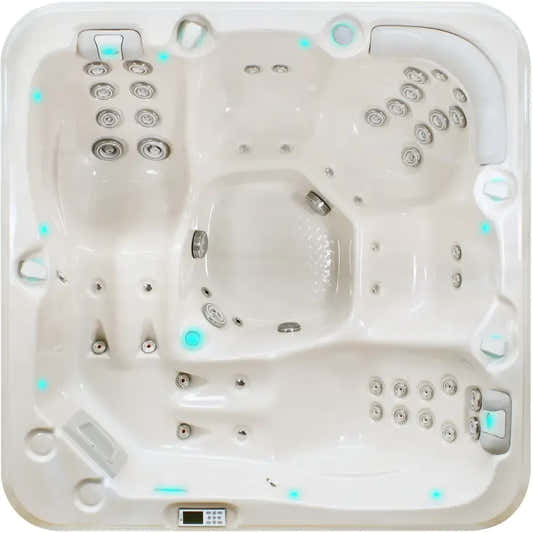 PassionSpa Relax-spabad – Pure Collection, cremefarvet overflade, sølvfarvede massagedyser, blå LED-belysning