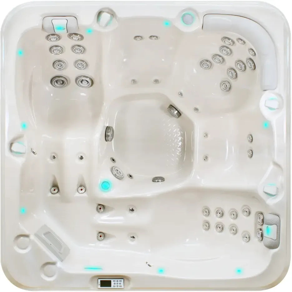 PassionSpa Relax-spabad – Pure Collection, cremefarvet overflade, sølvfarvede massagedyser, blå LED-belysning