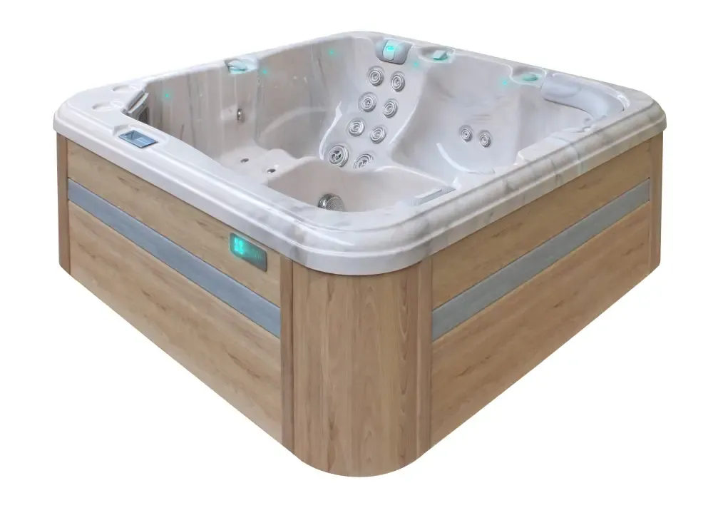 PassionSpa Relax-spabad – moderne design, lys træbeklædning, hvid inderside, massagedyser, blå LED-belysning