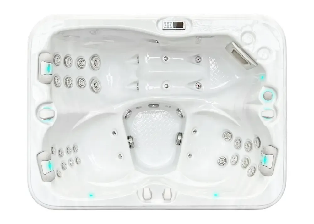 PassionSpa Renew-spabad – Pure Collection, hvid akryl, sølvfarvede massagedyser, blå LED-belysning