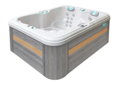 PassionSpa Renew-spabad – Pure Collection, hvid overflade, grå træpaneler, massagedyser