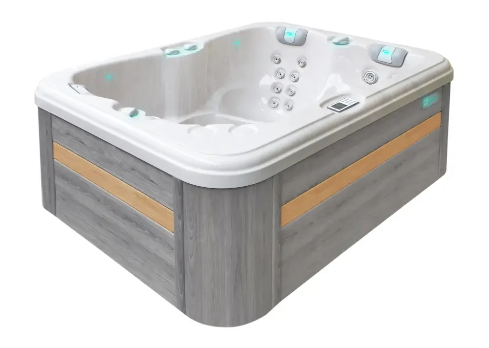 PassionSpa Renew-spabad – Pure Collection, hvid overflade, grå træpaneler, massagedyser