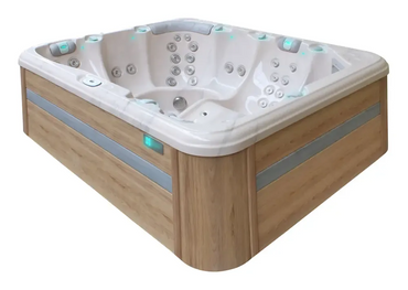 PassionSpa Repose-spabad – moderne design, hvid overflade, trælook, LED-belysning