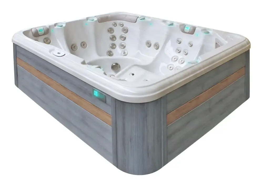 PassionSpa Repose-spabad – moderne design, gråt design, trælook, hvide massagedyser
