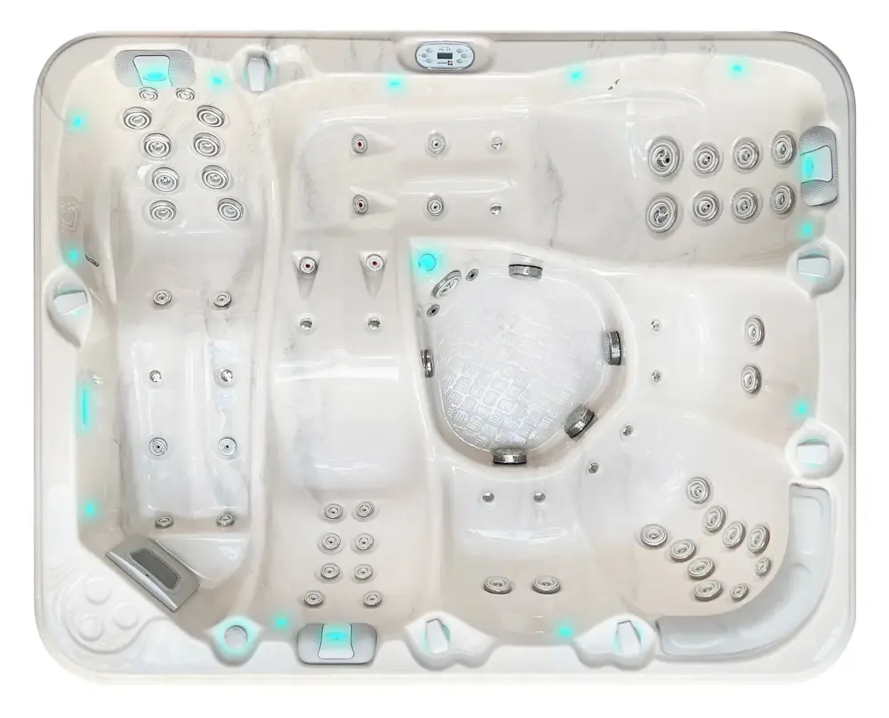 PassionSpa Repose-spabad – Pure Collection, hvid akryl, sølvfarvede massagedyser, blå LED-belysning