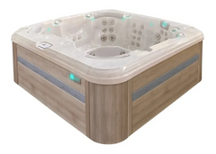 PassionSpa Resettle-spabad – moderne design, beige overflade, træpanel, LED-belysning