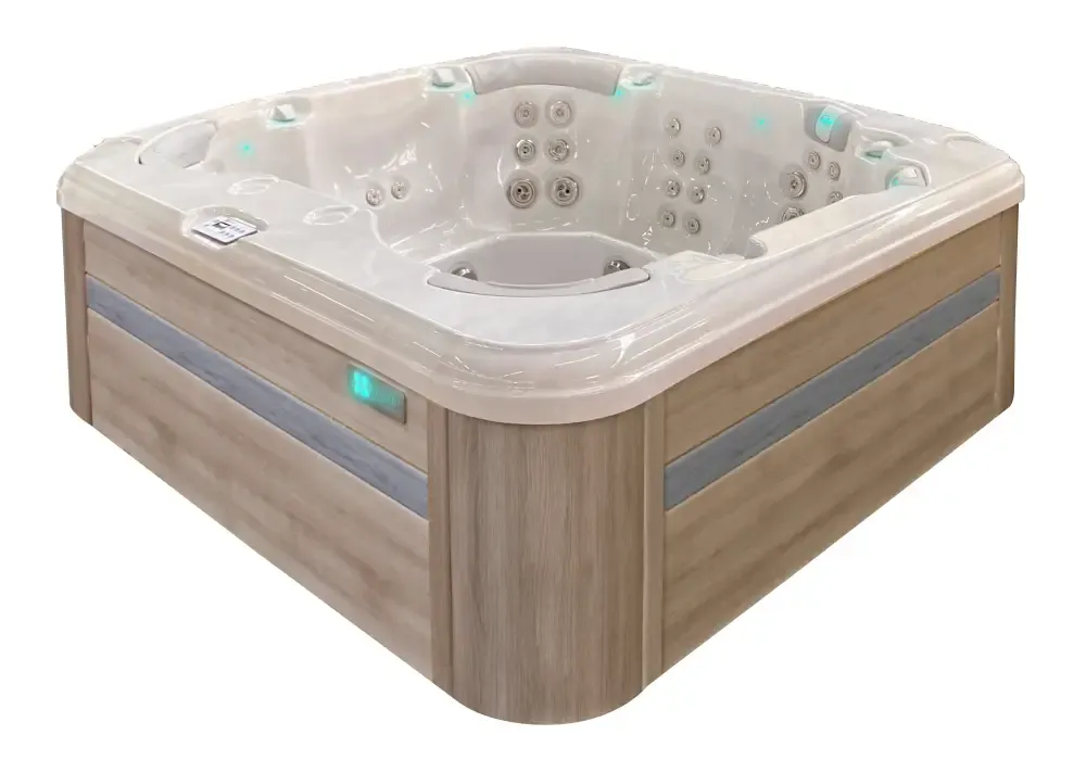 PassionSpa Resettle-spabad – moderne design, beige overflade, træpanel, LED-belysning
