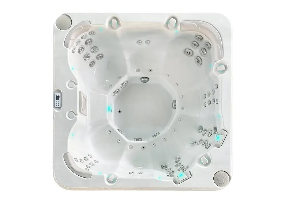 PassionSpa Resettle-spabad – Pure Collection, hvid akryl, siddepladser, massagedyser, blå LED-belysning