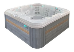 PassionSpa Resettle-spabad – grå træstruktur, hvid top, massagedyser, blå LED-belysning